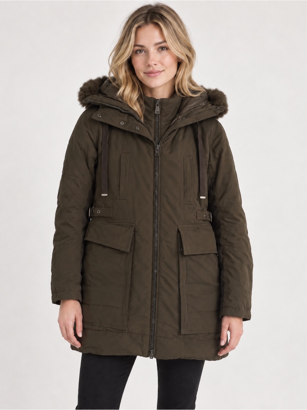 Moncler Cerisier Down Parka Coat Size 2 dark green rabbit fur trim nbnn